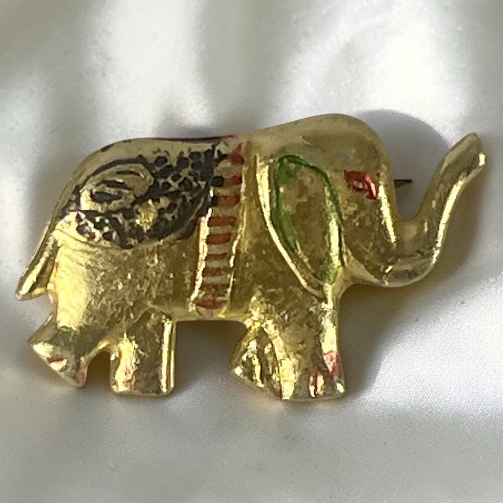 Vtg Trunk Up Lucky Elephant Scatter Pin Brooch Gold-tone Enamel Kitsch Hong Kong